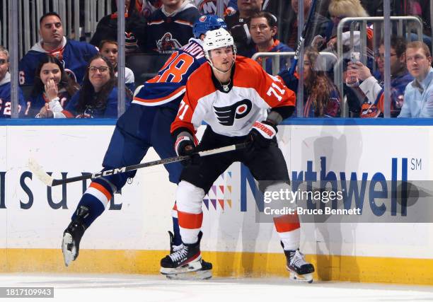 Tyson Foerster of the Philadelphia Flyers skates against the New York Islanders at UBS Arena on November 25, 2023 in Elmont, New York.