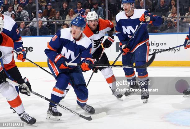 Simon Holmstrom of the New York Islanders skates against the Philadelphia Flyers at UBS Arena on November 25, 2023 in Elmont, New York.
