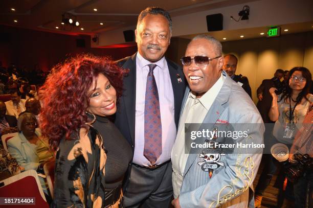 Singer Chaka Khan, Reverend Jesse Jackson, and singer Sam Moore attend the unveiling of the new Ray Charles stamp at the GRAMMY Museum in Los...