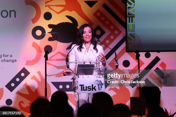 Tusk Awards Host Liz Bonnin speaks onstage during the 2023 Tusk Conservation Awards at The Savoy Hotel on November 27, 2023 in London, England.
