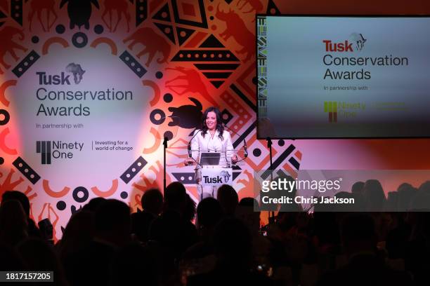 Tusk Awards Host Liz Bonnin speaks onstage during the 2023 Tusk Conservation Awards at The Savoy Hotel on November 27, 2023 in London, England.