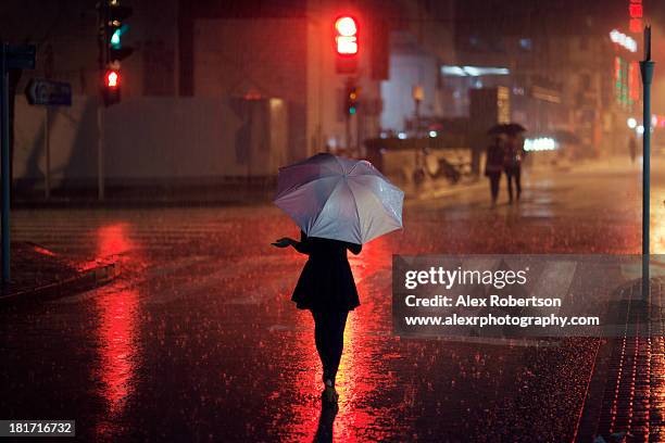 heavy rain at night in shanghai - torrential rain umbrella stock pictures, royalty-free photos & images