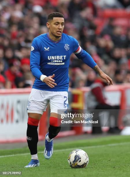 Rangers captain James Tavernier controls the ball during the Cinch Scottish Premiership match between Aberdeen and Rangers FC at Pittodrie Stadium on...