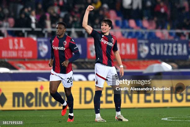 Giovanni Fabbian of Bologna FC celebrates after scoring the team's first goal during the Serie A TIM match between Bologna FC and Torino FC at Stadio...