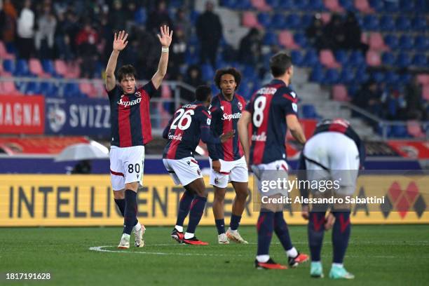 Giovanni Fabbian of Bologna FC celebrates after scoring the team's first goal during the Serie A TIM match between Bologna FC and Torino FC at Stadio...