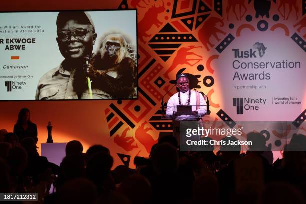 Dr Ekwoge Abwe receives the Prince William award onstage during the 2023 Tusk Conservation Awards at The Savoy Hotel on November 27, 2023 in London,...