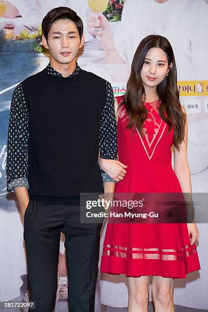 South Korean actor Lee Won-Keun and Seohyun of South Korean girl group Girls' Generation attend SBS Drama "Hot Love" press conference at 63 building...