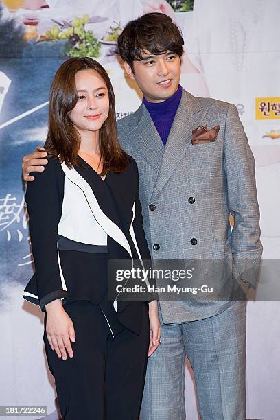 South Korean actors Woo Hee-Jin and Oh Dae-Gyu attend SBS Drama "Hot Love" press conference at 63 building on September 23, 2013 in Seoul, South...