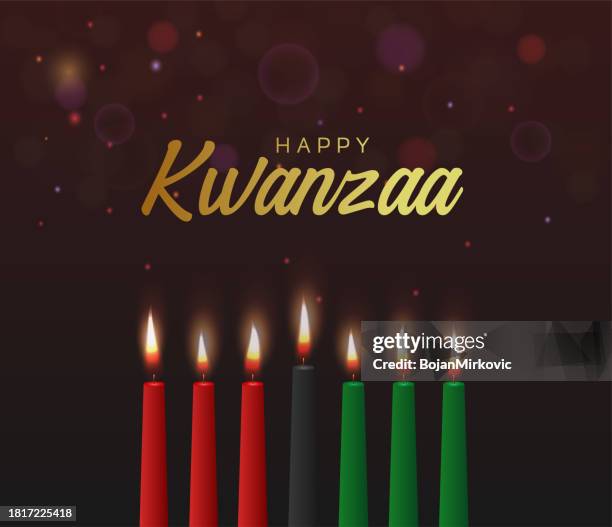 glückliches kwanzaa-poster mit bokeh-hintergrund. vektor - kerzenschein stock-grafiken, -clipart, -cartoons und -symbole