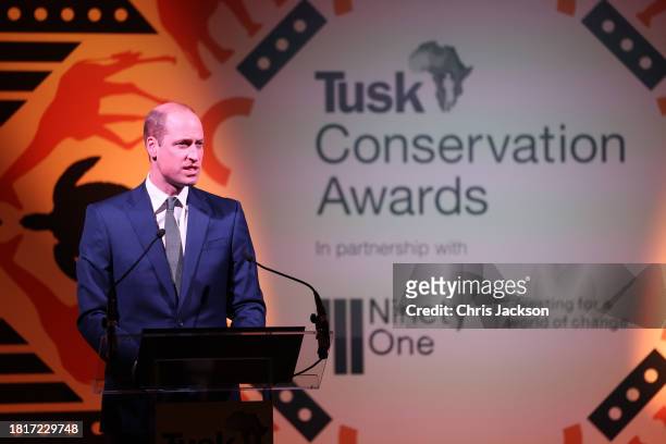 Prince William, Prince of Wales gives a speech onstage during the 2023 Tusk Conservation Awards at The Savoy Hotel on November 27, 2023 in London,...