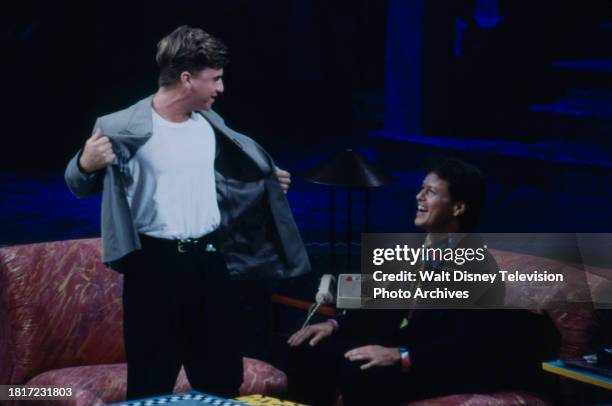 Los Angeles, CA Jason Hervey being interviewed by Rick Dees on the ABC tv series 'Into the Night', aka 'Into the Night starring Rick Dees'.