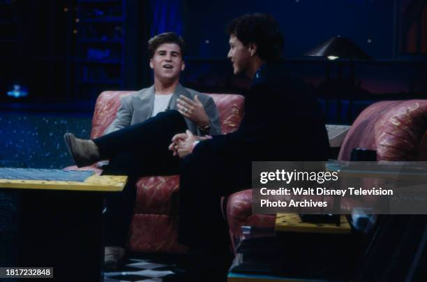 Los Angeles, CA Jason Hervey being interviewed by Rick Dees on the ABC tv series 'Into the Night', aka 'Into the Night starring Rick Dees'.