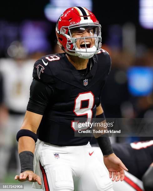 Desmond Ridder of the Atlanta Falcons calls out during the first quarter against the New Orleans Saints at Mercedes-Benz Stadium on November 26, 2023...