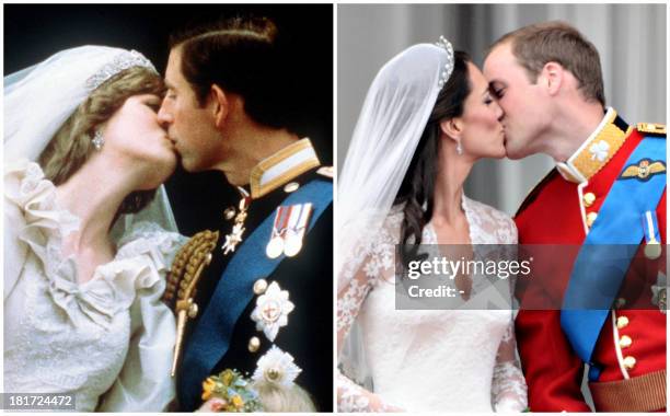 Combo picture shows Britain's Prince Charles kissing Diana, Princess of Wales during their wedding in London on July 29, 1981 and Britain's Prince...