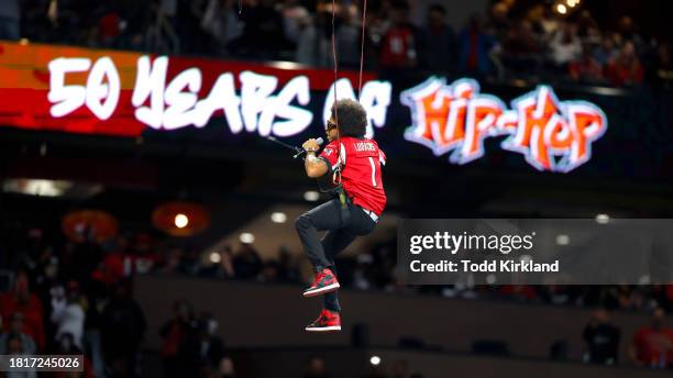 Ludacris performs during the game between the New Orleans Saints and Atlanta Falcons to celebrate 50 years of hip-hop at Mercedes-Benz Stadium on...