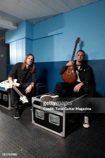 American guitarists Eric Friedman and Mark Tremonti of the rock band Tremonti photographed during a portrait shoot backstage at the O2 Academy...