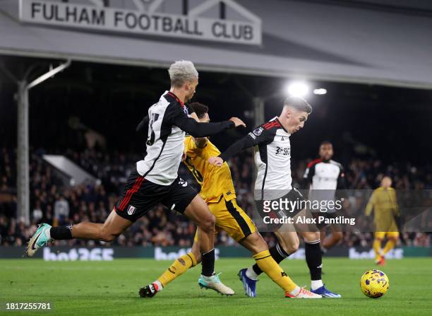 Harry Wilson of Fulham is fouled by Joao Gomes of Wolverhampton Wanderers, which results in a VAR Review resulting in a Penalty for Fulham, during...