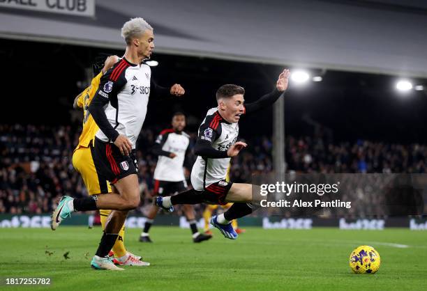 Harry Wilson of Fulham is fouled by Joao Gomes of Wolverhampton Wanderers, which results in a VAR Review resulting in a Penalty for Fulham, during...