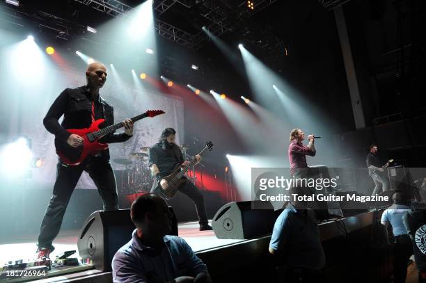 Josh Rand, Johnny Chow, Corey Taylor and Jim Root of American alternative metal band Stone Sour performing live onstage at the Wolverhampton Civic...