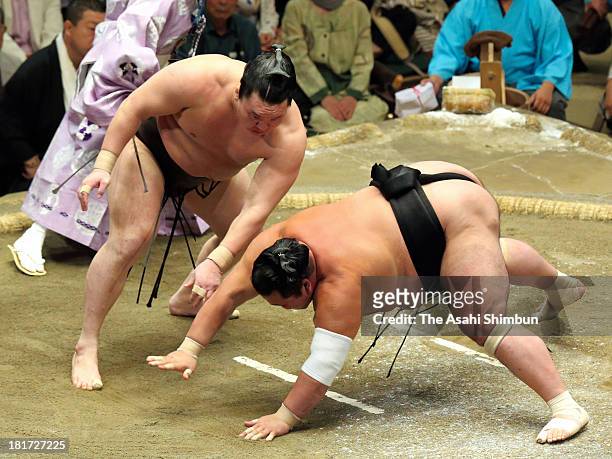 Mongolian yokozuna Hakuho , whose real name is Mnkhbatyn Davaajargal throws Toyohibiki to win during day nine of the Grand Sumo Autumn Tournament at...