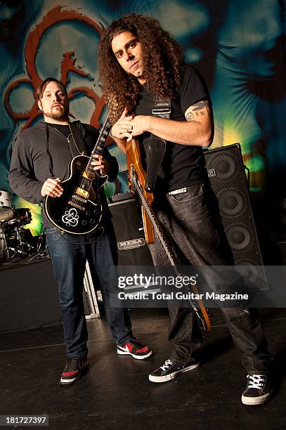 Travis Stever and Claudio Sanchez of American progressive rock band Coheed and Cambria photographed during a portrait shoot for Total Guitar...