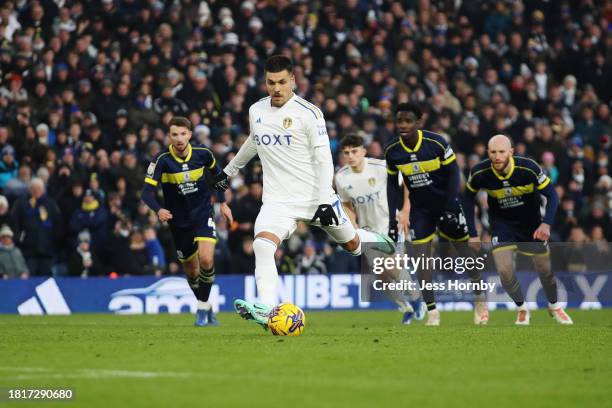 Joel Piroe of Leeds United scores the team's third goal from the penalty spot during the Sky Bet Championship match between Leeds United and...
