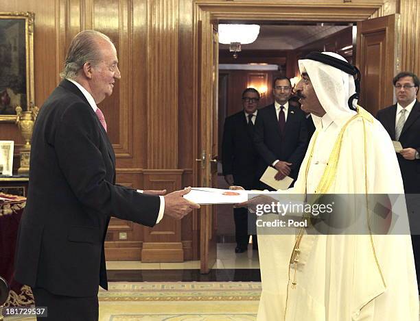 King Juan Carlos of Spain receives the credentials of new ambassador Abdulrazzak Abdulajil A. N. Al-Abdulghani of Qatar, hours before entering the...