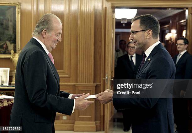 King Juan Carlos of Spain receives the credentials of new ambassador James Costos of USA, hours before entering the hospital for hip surgery, at...