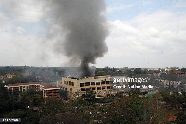Heavy smoke is seen from the site of the terrorist attack, Westgate Mall, on September 23, 2013 in Nairobi, Kenya. The attack occurred on Saturday,...