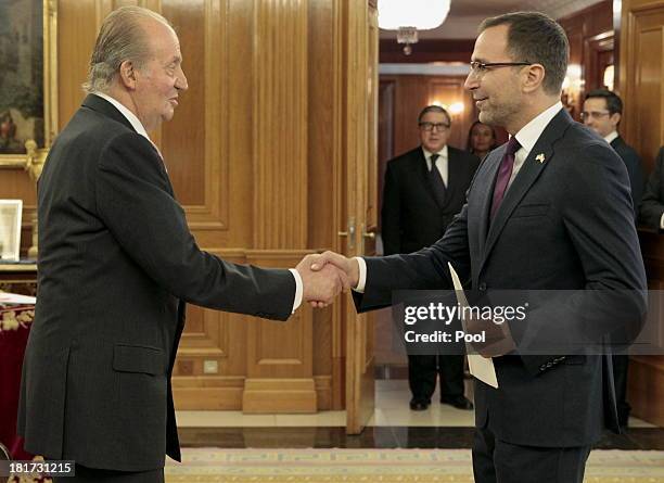 King Juan Carlos of Spain receives the credentials of new ambassador James Costos of USA, hours before entering the hospital for hip surgery, at...