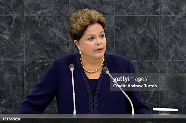 Brazilian President Dilma Roussef speaks at the 68th United Nations General Assembly on September 24, 2013 in New York City. Over 120 prime...