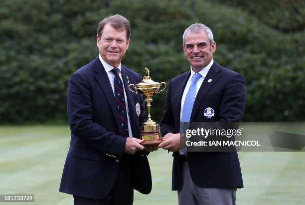 Team captain Tom Watson and Europe captain Paul McGinley pose with the Ryder Cup trophy in an event marking one year to go until the 2014 Ryder Cup...