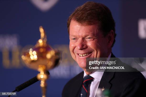 Team captain Tom Watson smiles during a press conference marking one year to go until the 2014 Ryder Cup golf competition at Gleneagles Golf Course...