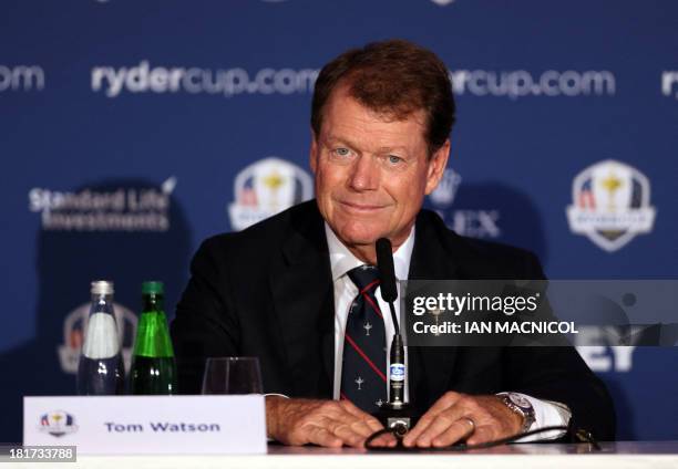 Team captain Tom Watson attends a press conference marking one year to go until the 2014 Ryder Cup golf competition at Gleneagles Golf Course in...