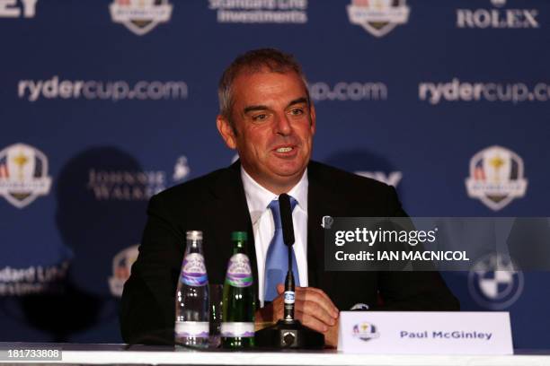 Europe team captain Paul McGinley attends a press conference marking one year to go until the 2014 Ryder Cup golf competition at Gleneagles Golf...