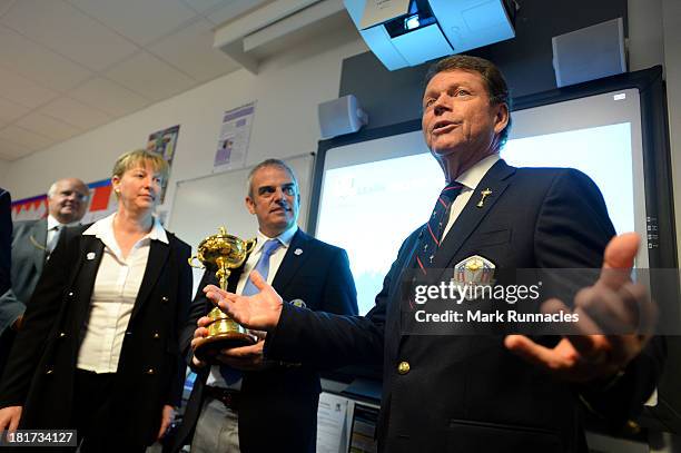 Captain Tom Watson speaks beside European Captain Paul McGinley and Scotland's Minister for Sport Shona Robison during the launch of a Ryder Cup...