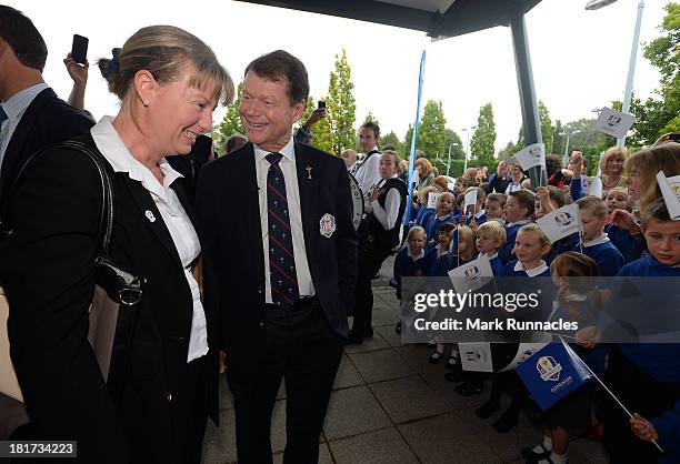 Captain Tom Watson and Scotland's Minister For Sport Shona Robison are greeted by students from The Community School of Auchterarder during the...