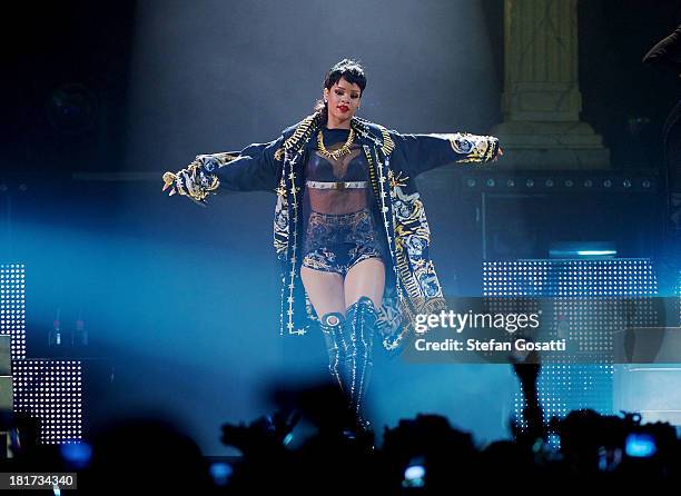 Rihanna performs live for fans at the first show of her Australian Tour at Perth Arena on September 24, 2013 in Perth, Australia.