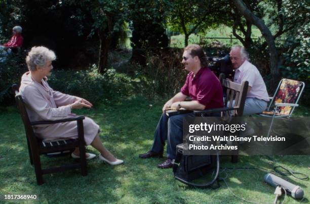 Angela Landsbury being interviewed on the set, behind the scenes, making of the ABC tv movie 'The Shell Seekers'.