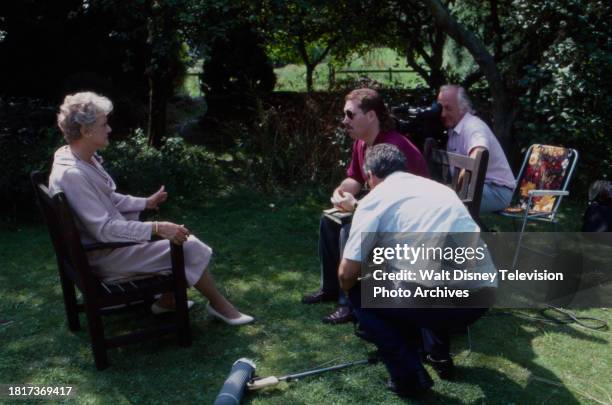 Angela Landsbury being interviewed on the set, behind the scenes, making of the ABC tv movie 'The Shell Seekers'.