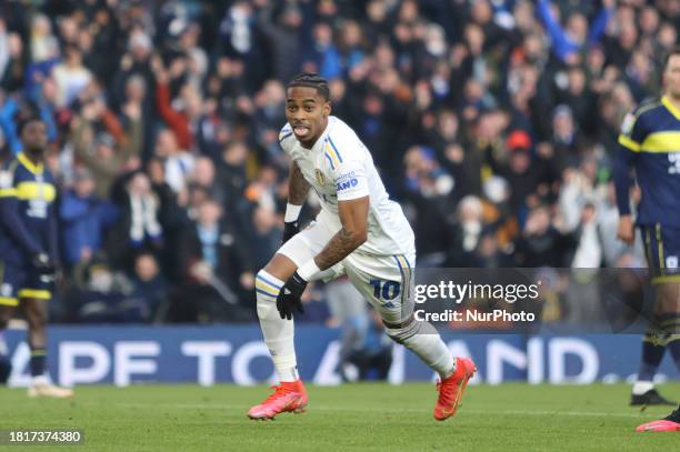Crysencio Summerville of Leeds United is scoring his team's second goal during the Sky Bet Championship match between Leeds United and Middlesbrough...