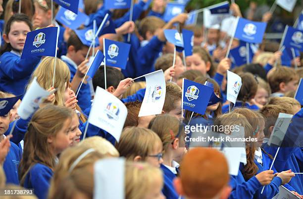 Pupils at the Community School of Auchterarder wave Ryder Cup flags during the launch of a Ryder Cup Educational Resorce at The Community School of...