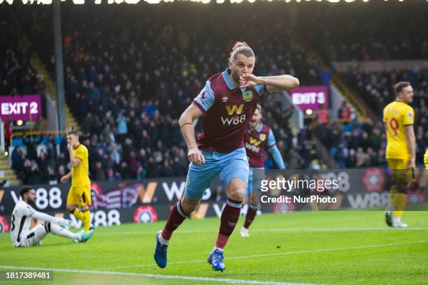 Jay Rodriguez of Burnley F.C. Is celebrating his goal during the Premier League match between Burnley and Sheffield United at Turf Moor in Burnley,...