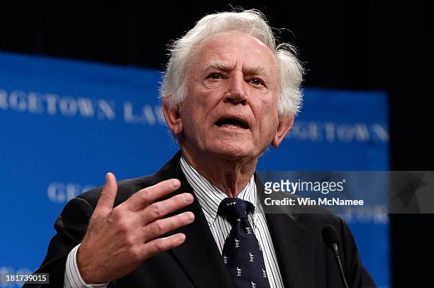 Former Sen. Gary Hart speaks at a Georgetown University Law Center discussion September 24, 2013 in Washington, DC. Hart joined former U.S. Vice...