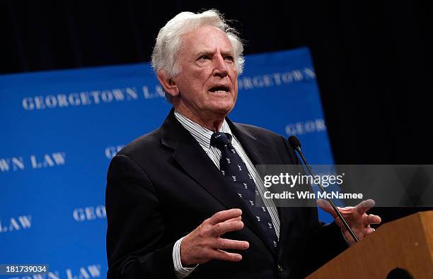 Former Sen. Gary Hart speaks at a Georgetown University Law Center discussion September 24, 2013 in Washington, DC. Hart joined former U.S. Vice...