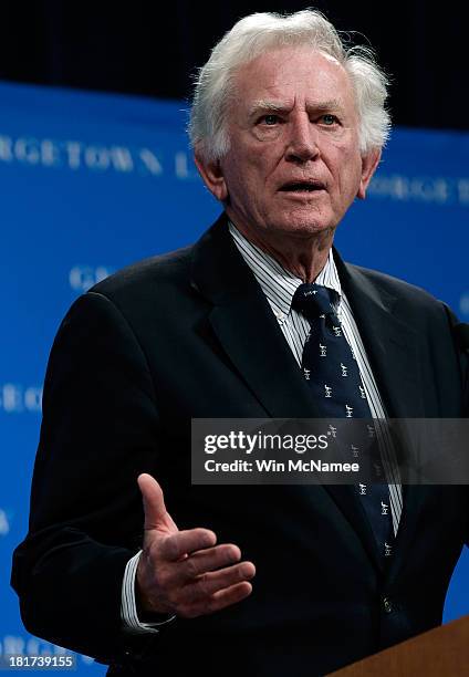 Former Sen. Gary Hart speaks at a Georgetown University Law Center discussion September 24, 2013 in Washington, DC. Hart joined former U.S. Vice...