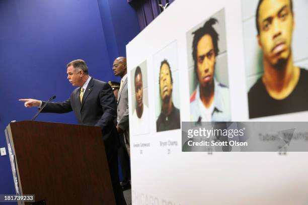 Chicago Police Superintendent Garry McCarthy announces arrests have been made in last Thursday's mass shooting at Cornell Square Park during a press...