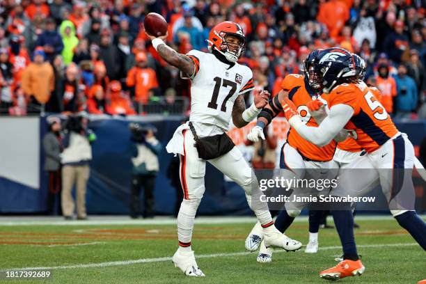 Dorian Thompson-Robinson of the Cleveland Browns throws against the Denver Broncos at Empower Field At Mile High on November 26, 2023 in Denver,...