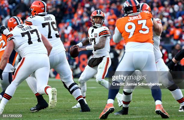 Dorian Thompson-Robinson of the Cleveland Browns throws against the Denver Broncos at Empower Field At Mile High on November 26, 2023 in Denver,...