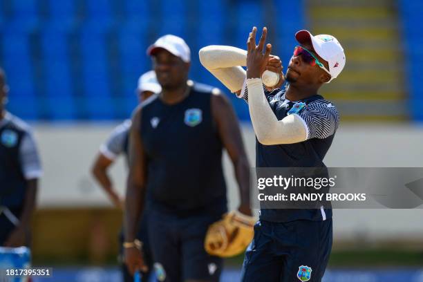 Alick Athanaze of West Indies takes part in a training session one day ahead of the 1st ODI between West Indies and England at Vivian Richards...